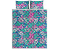 Teal Pink Blossom Tropical Pattern Print Quilt Bed Set