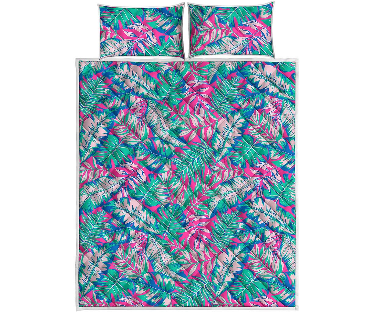 Teal Pink Blossom Tropical Pattern Print Quilt Bed Set