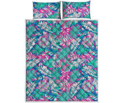 Teal Pink Blossom Tropical Pattern Print Quilt Bed Set