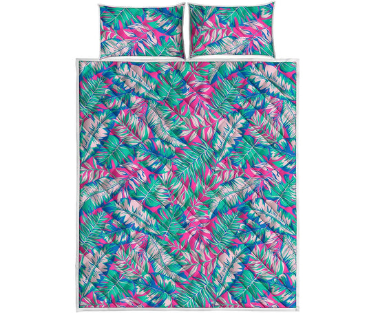 Teal Pink Blossom Tropical Pattern Print Quilt Bed Set