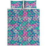 Teal Pink Blossom Tropical Pattern Print Quilt Bed Set