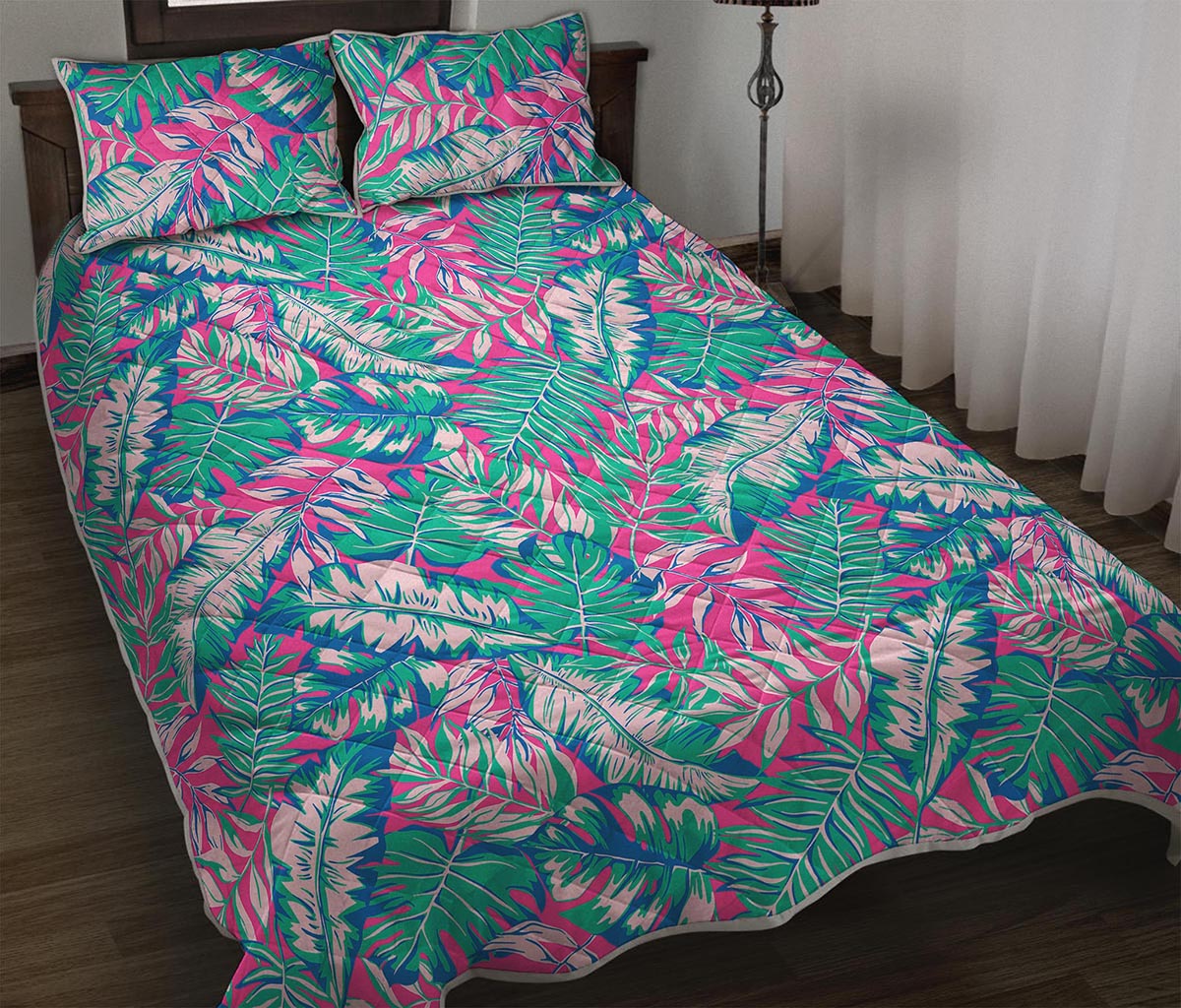 Teal Pink Blossom Tropical Pattern Print Quilt Bed Set