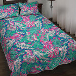 Teal Pink Blossom Tropical Pattern Print Quilt Bed Set
