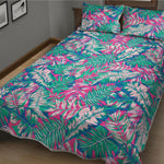 Teal Pink Blossom Tropical Pattern Print Quilt Bed Set