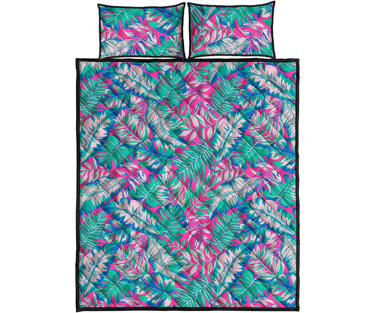 Teal Pink Blossom Tropical Pattern Print Quilt Bed Set