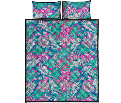 Teal Pink Blossom Tropical Pattern Print Quilt Bed Set