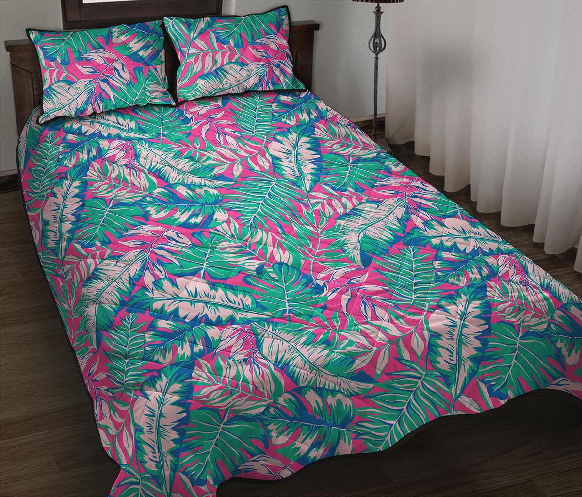 Teal Pink Blossom Tropical Pattern Print Quilt Bed Set