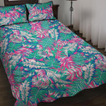 Teal Pink Blossom Tropical Pattern Print Quilt Bed Set