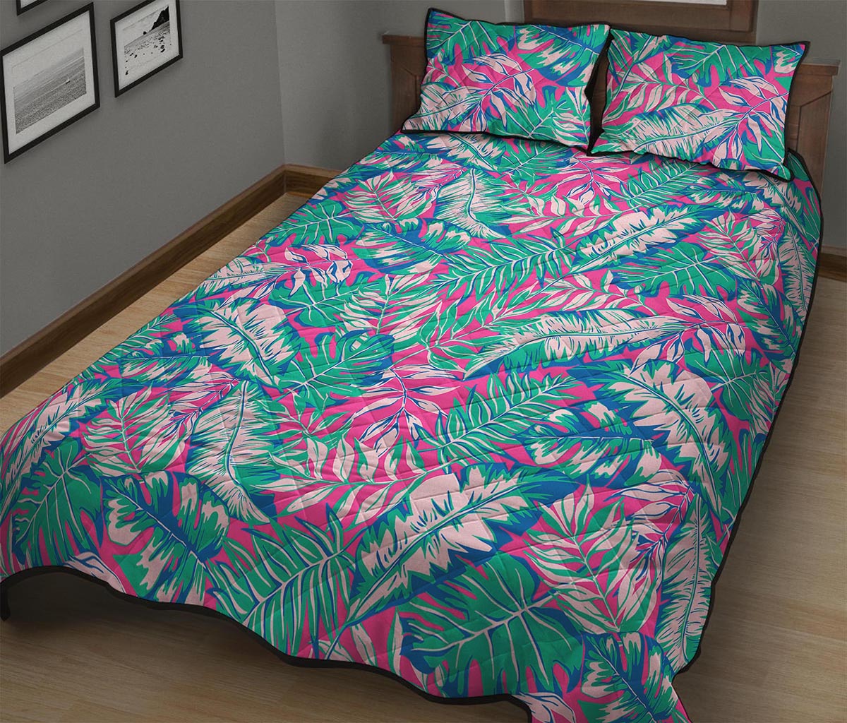 Teal Pink Blossom Tropical Pattern Print Quilt Bed Set
