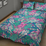 Teal Pink Blossom Tropical Pattern Print Quilt Bed Set