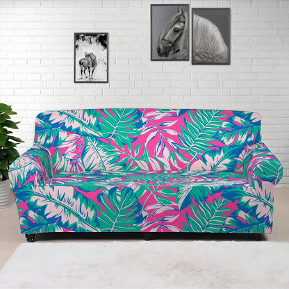 Teal Pink Blossom Tropical Pattern Print Sofa Cover