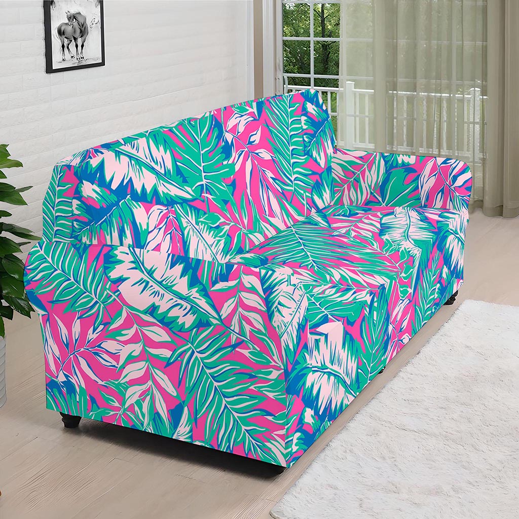 Teal Pink Blossom Tropical Pattern Print Sofa Cover