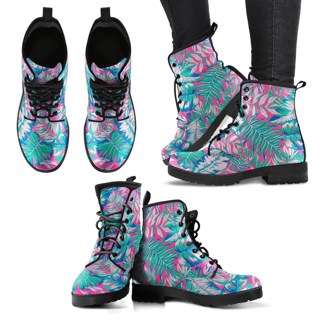 Teal Pink Blossom Tropical Pattern Print Women's Boots GearFrost