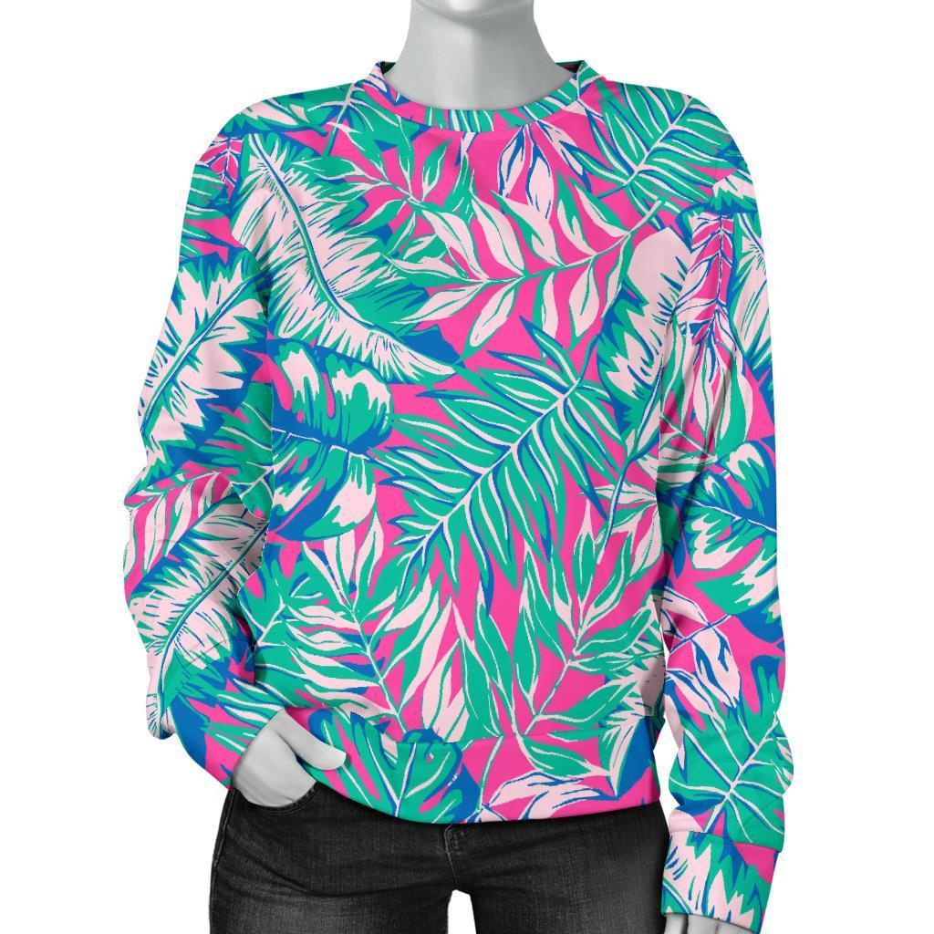 Teal Pink Blossom Tropical Pattern Print Women's Crewneck Sweatshirt GearFrost