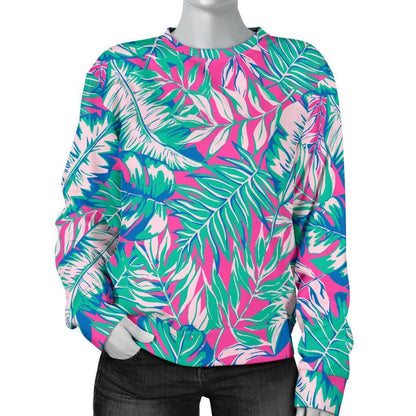 Teal Pink Blossom Tropical Pattern Print Women's Crewneck Sweatshirt GearFrost