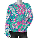 Teal Pink Blossom Tropical Pattern Print Women's Crewneck Sweatshirt GearFrost