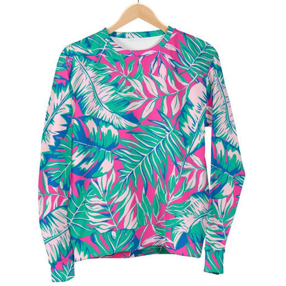 Teal Pink Blossom Tropical Pattern Print Women's Crewneck Sweatshirt GearFrost