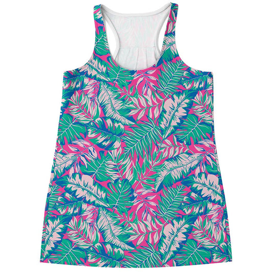 Teal Pink Blossom Tropical Pattern Print Women's Racerback Tank Top