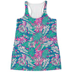 Teal Pink Blossom Tropical Pattern Print Women's Racerback Tank Top