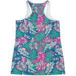 Teal Pink Blossom Tropical Pattern Print Women's Racerback Tank Top