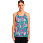Teal Pink Blossom Tropical Pattern Print Women's Racerback Tank Top