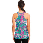 Teal Pink Blossom Tropical Pattern Print Women's Racerback Tank Top