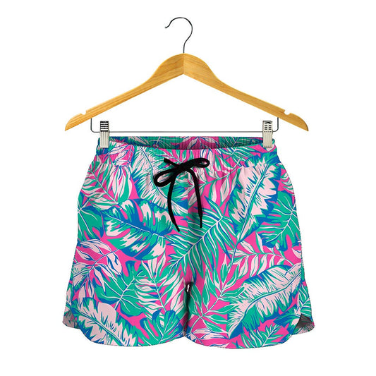 Teal Pink Blossom Tropical Pattern Print Women's Shorts