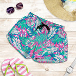 Teal Pink Blossom Tropical Pattern Print Women's Shorts