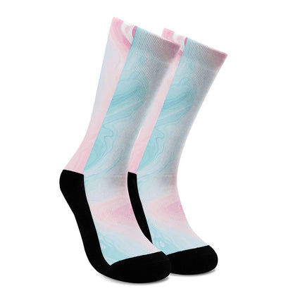 Teal Pink Liquid Marble Print Crew Socks