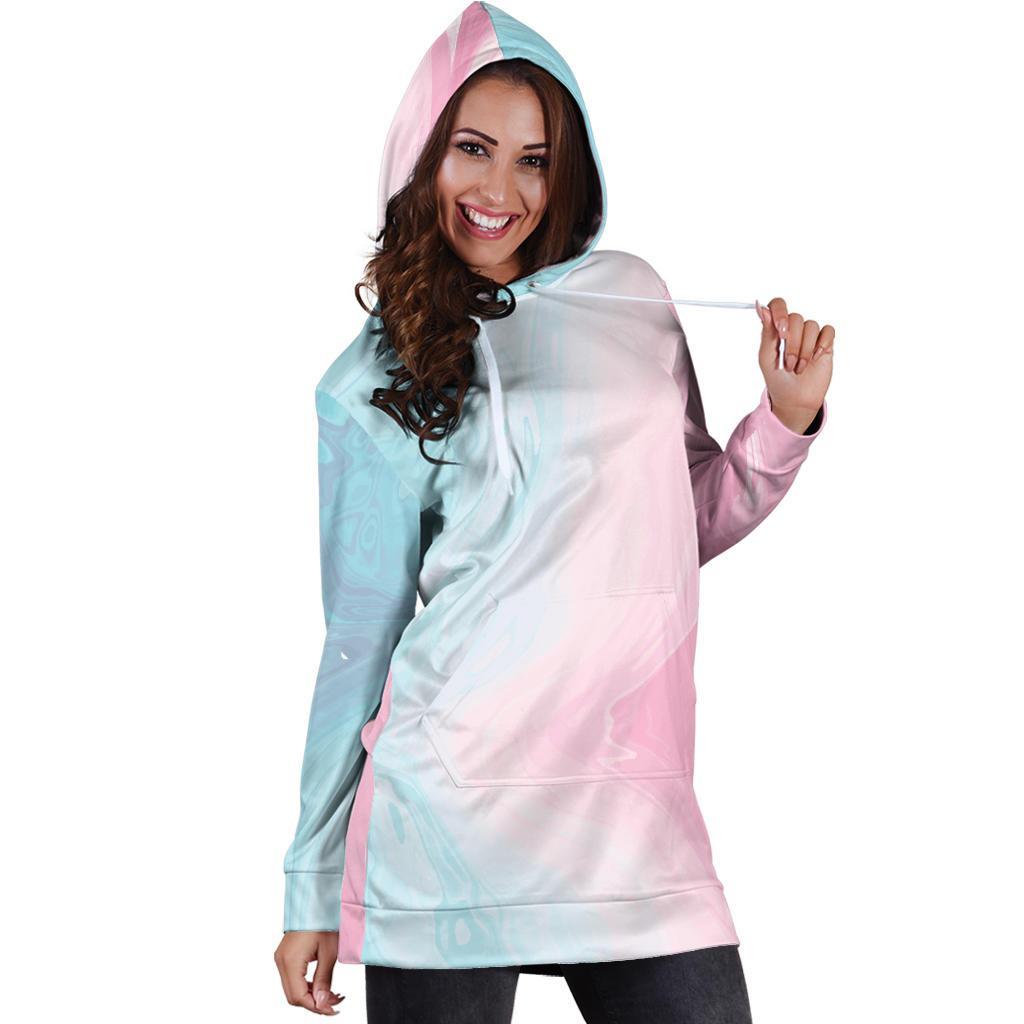Teal Pink Liquid Marble Print Hoodie Dress GearFrost