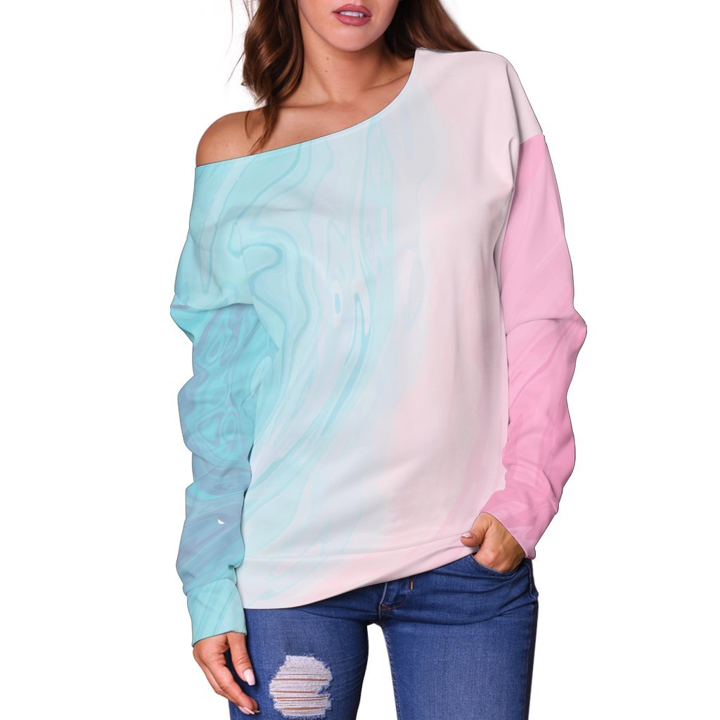 Teal Pink Liquid Marble Print Off Shoulder Sweatshirt GearFrost