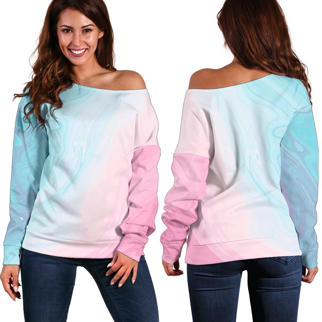 Teal Pink Liquid Marble Print Off Shoulder Sweatshirt GearFrost