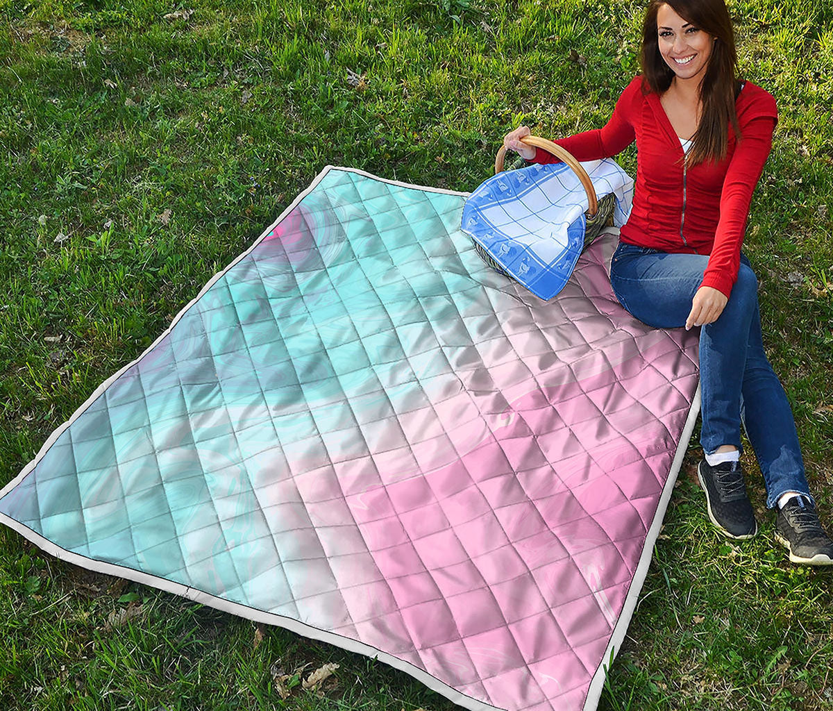 Teal Pink Liquid Marble Print Quilt