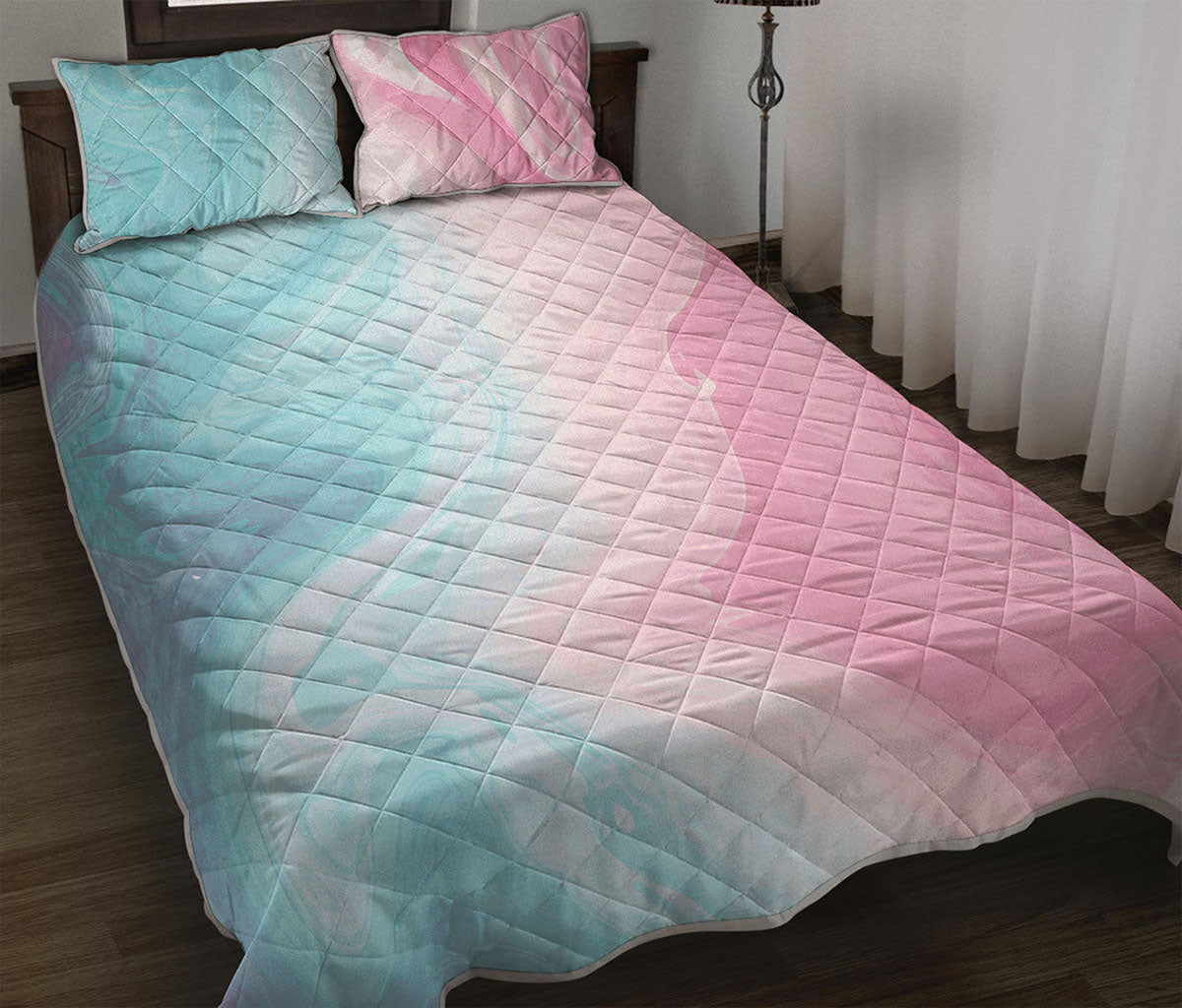 Teal Pink Liquid Marble Print Quilt Bed Set