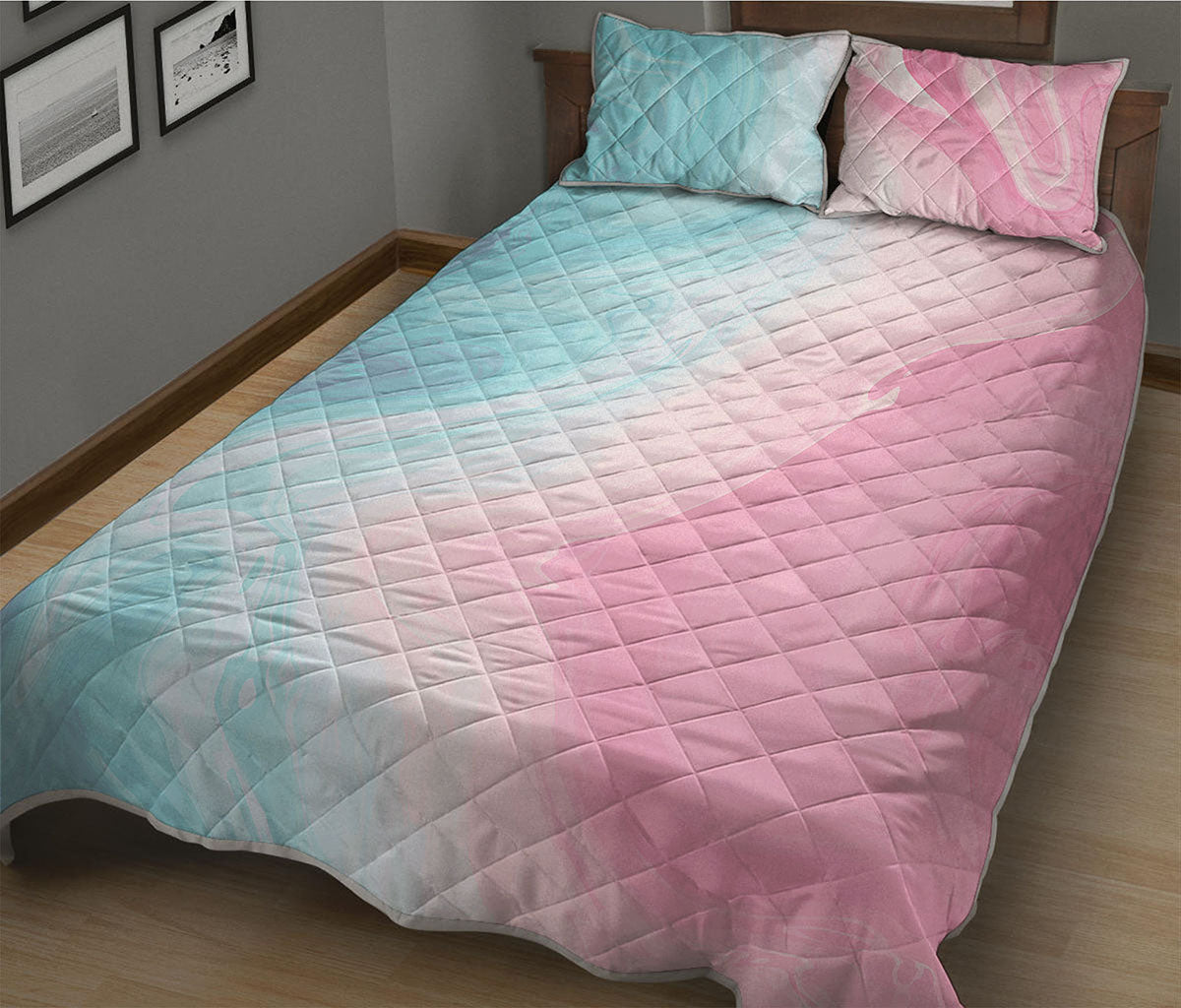 Teal Pink Liquid Marble Print Quilt Bed Set