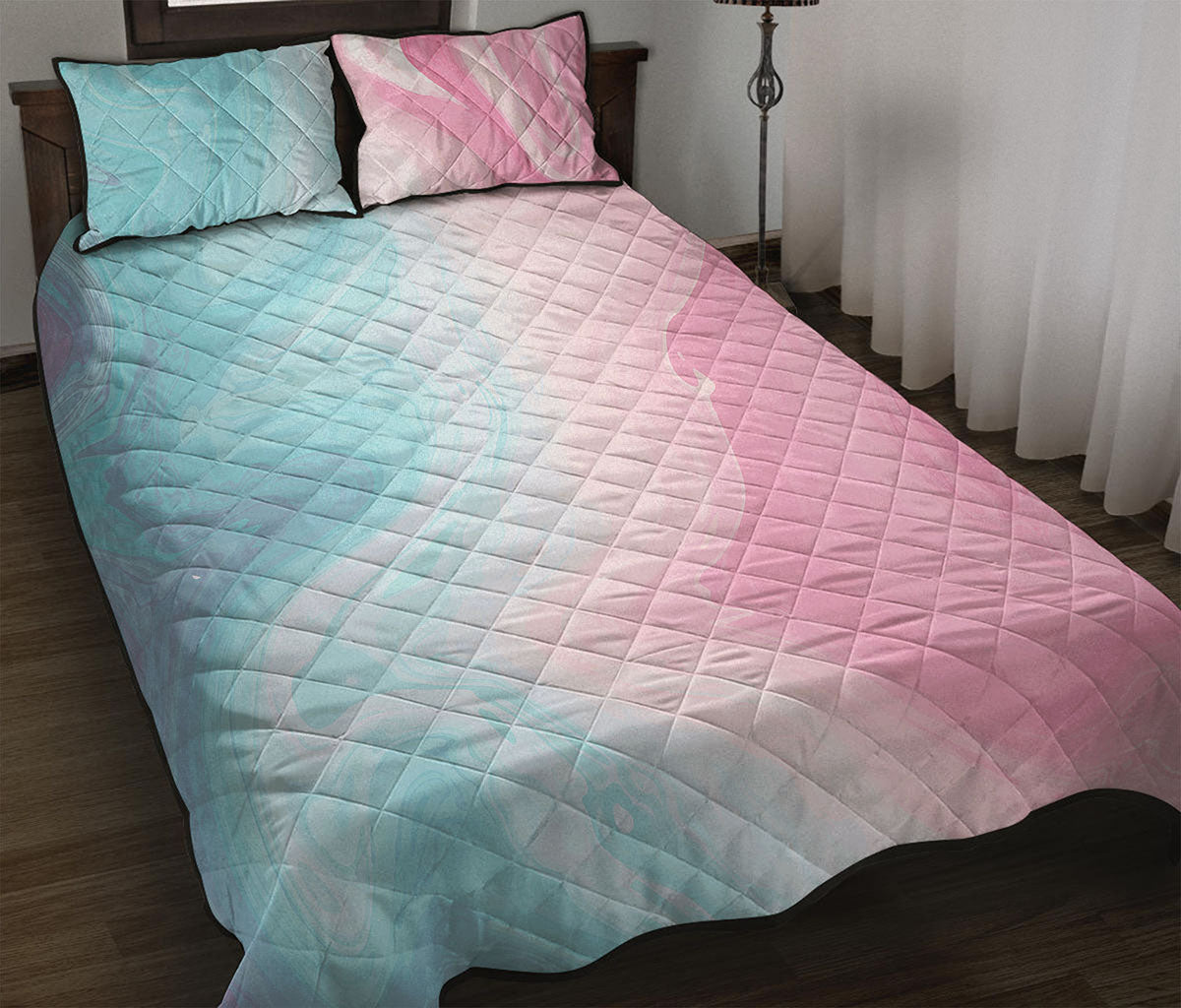 Teal Pink Liquid Marble Print Quilt Bed Set