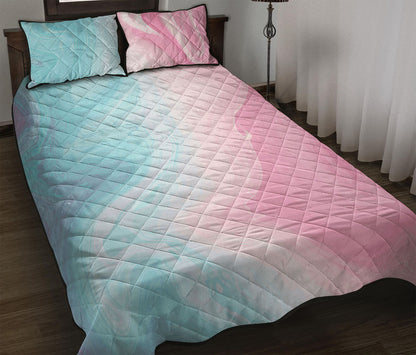 Teal Pink Liquid Marble Print Quilt Bed Set