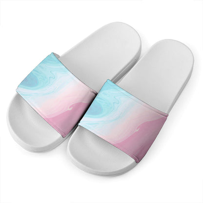 Teal Pink Liquid Marble Print White Slide Sandals