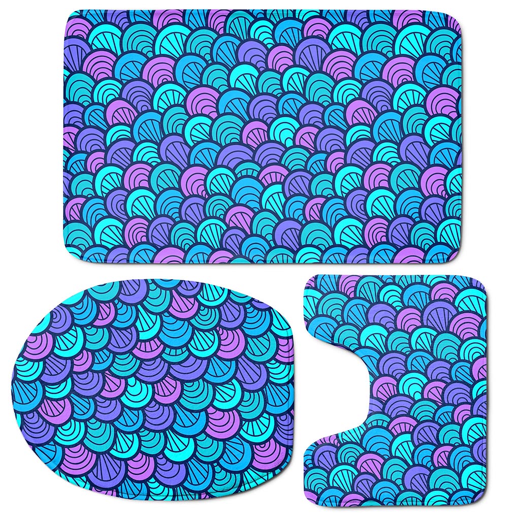 Teal Pink Mermaid Scales Pattern Print 3 Piece Bath Mat Set