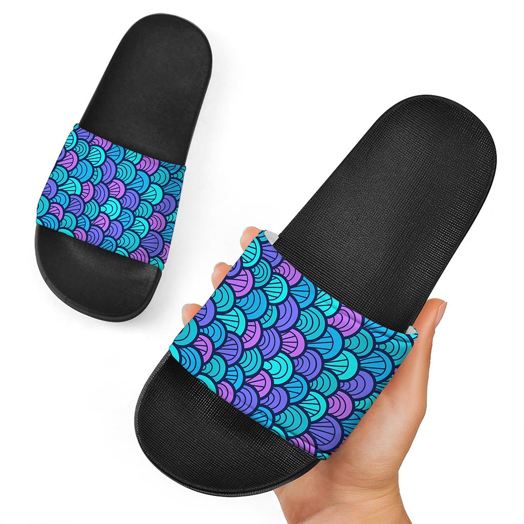 Teal Pink Mermaid Scales Pattern Print Black Slide Sandals