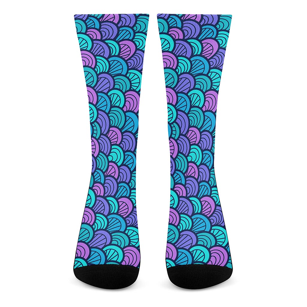 Teal Pink Mermaid Scales Pattern Print Crew Socks