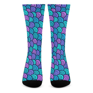 Teal Pink Mermaid Scales Pattern Print Crew Socks