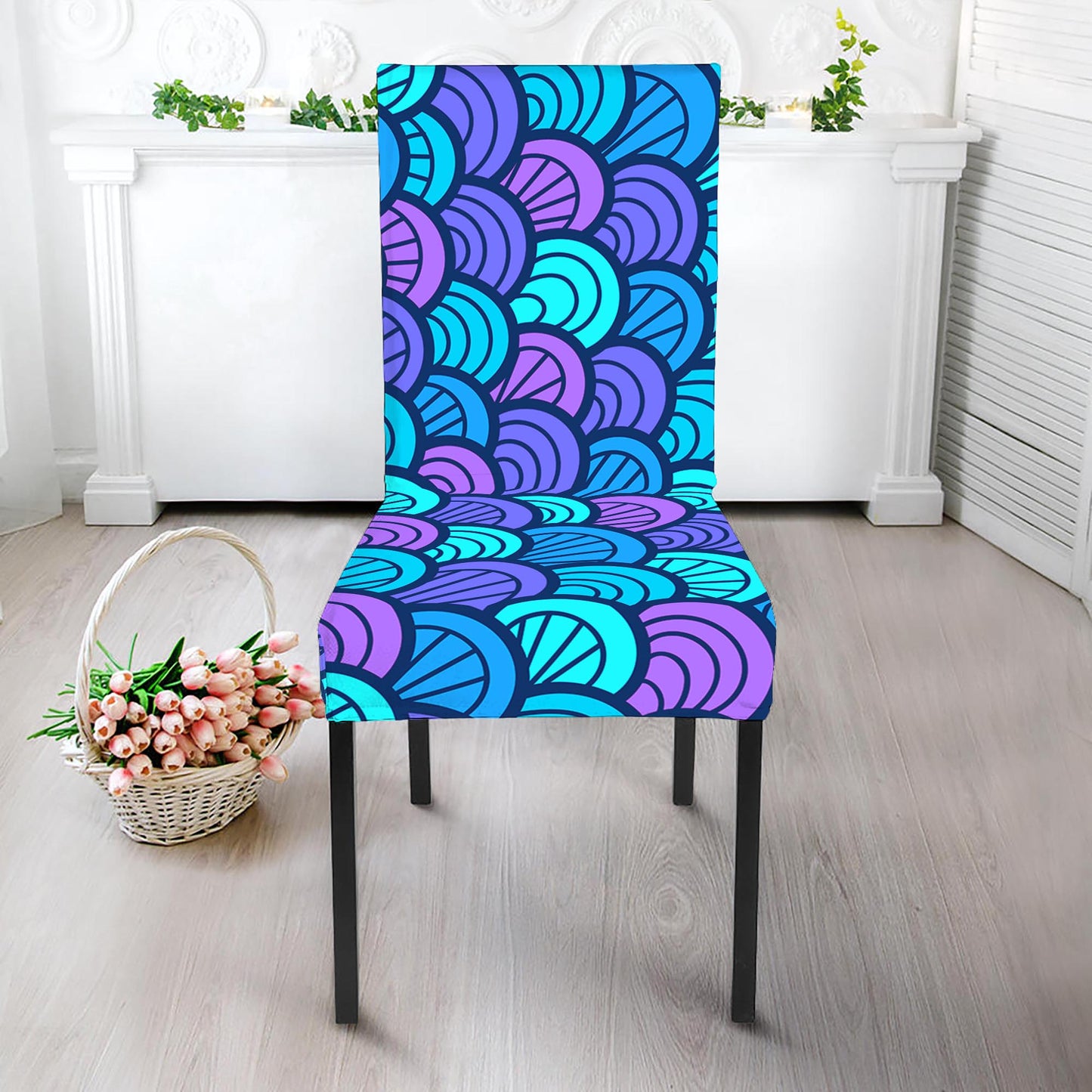 Teal Pink Mermaid Scales Pattern Print Dining Chair Slipcover