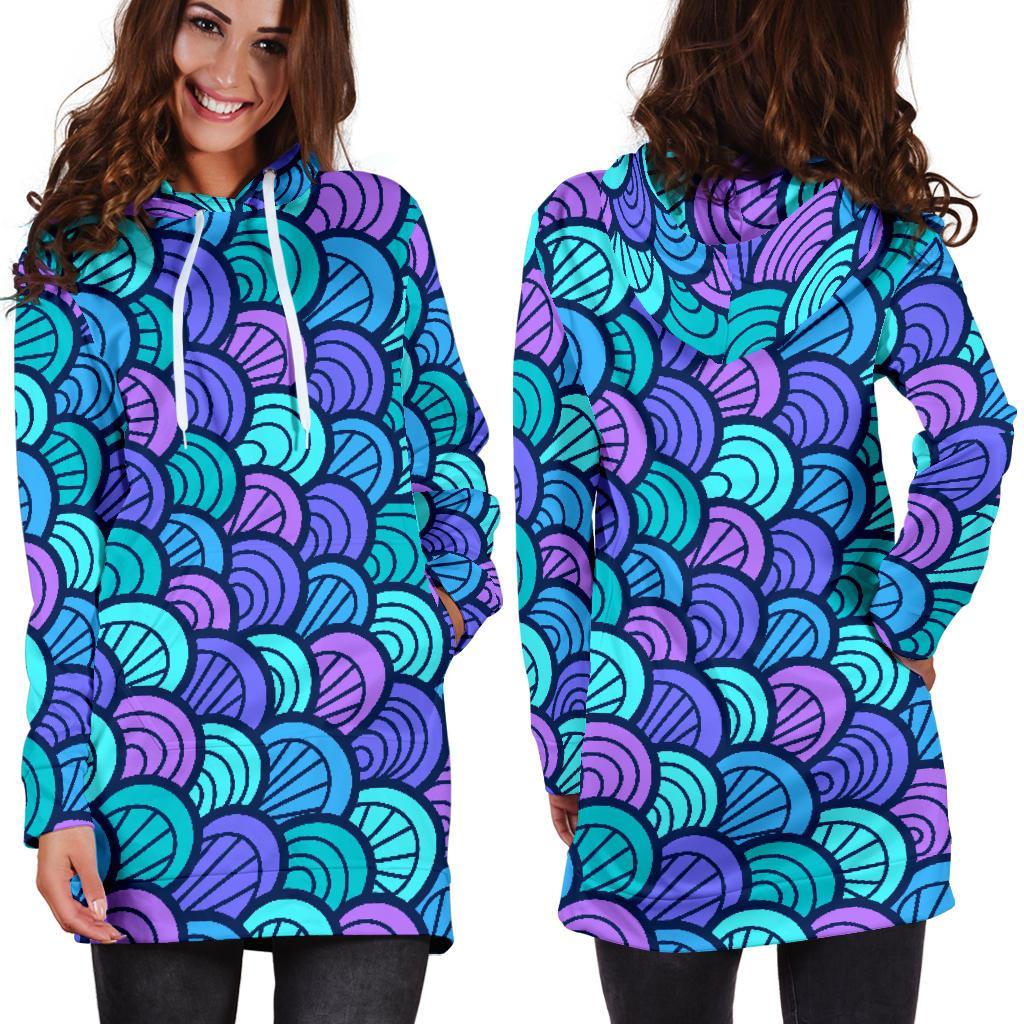 Teal Pink Mermaid Scales Pattern Print Hoodie Dress GearFrost