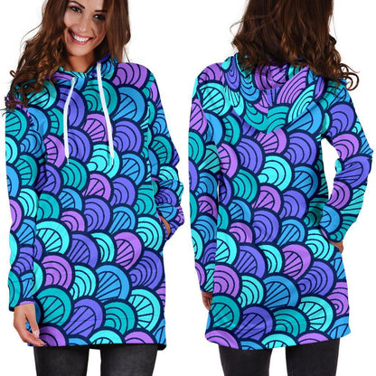 Teal Pink Mermaid Scales Pattern Print Hoodie Dress GearFrost