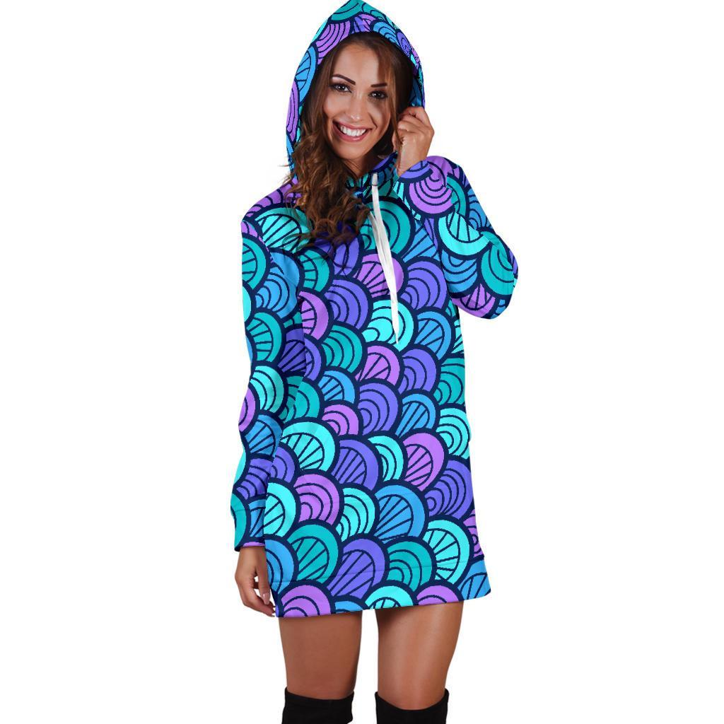 Teal Pink Mermaid Scales Pattern Print Hoodie Dress GearFrost