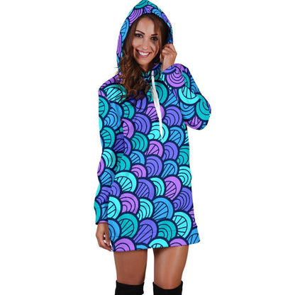 Teal Pink Mermaid Scales Pattern Print Hoodie Dress GearFrost