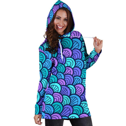 Teal Pink Mermaid Scales Pattern Print Hoodie Dress GearFrost