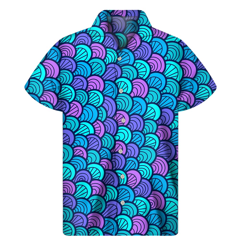 Teal Pink Mermaid Scales Pattern Print Men's Short Sleeve Shirt