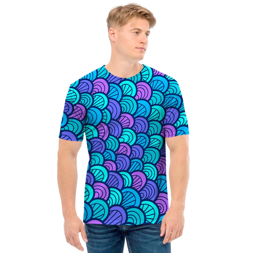 Teal Pink Mermaid Scales Pattern Print Men's T-Shirt
